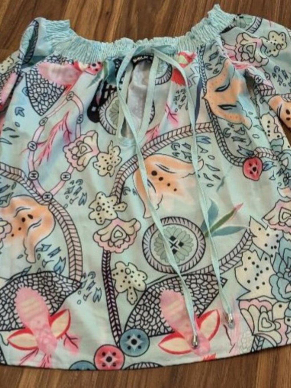Sheilay Whimsical Chic Soft Pallet Shirred Off Shoulder Keyhole Neck & Cuffs Sm.